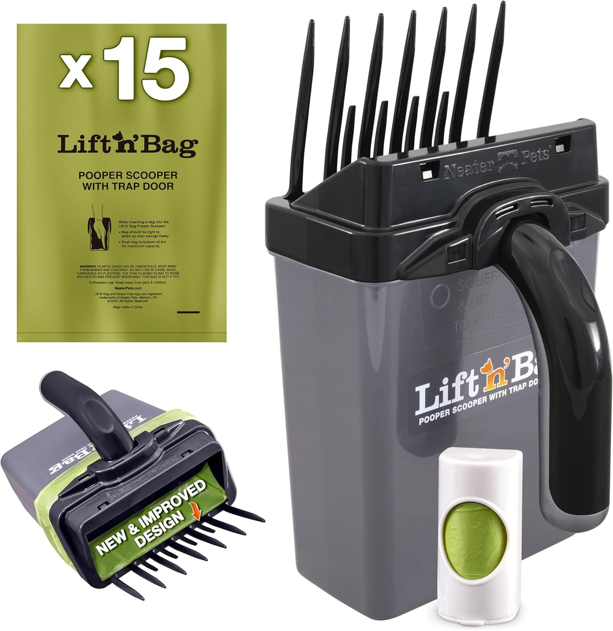 Neater Pet Brands Lift N' Bag 2.0 Dog Pooper Scooper with Bag Attachment & 22" Pole for Small to Large Dogs, New & Improved Design, 15 Refill Bags, Heavy Duty Dog Poop Scooper for Yard, One-Hand Use - Image 14
