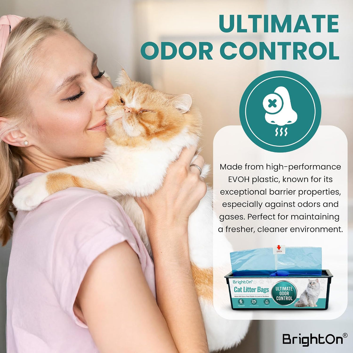 Close up of BrightOn refill packaging with odor control text