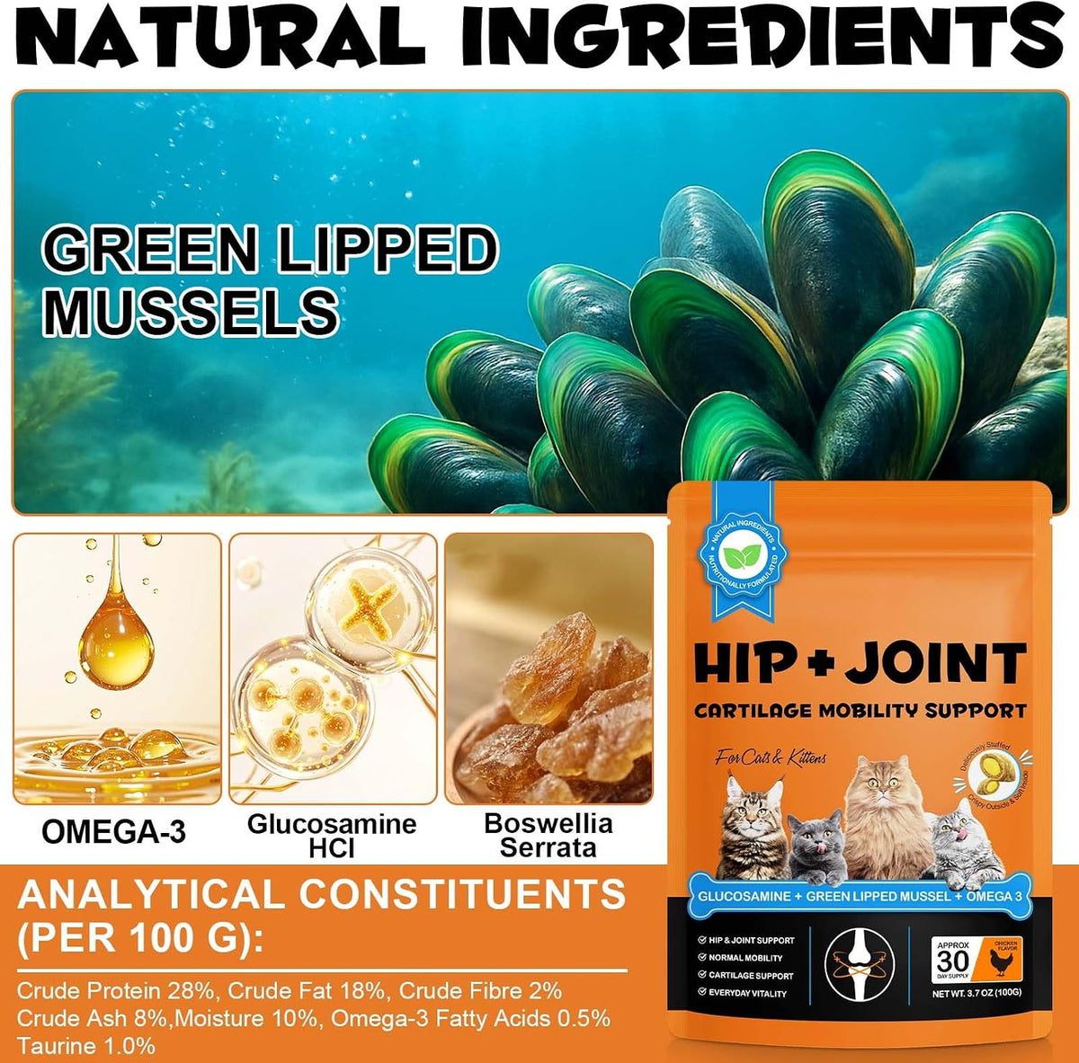 Side view of hip and joint bites packaging for cats