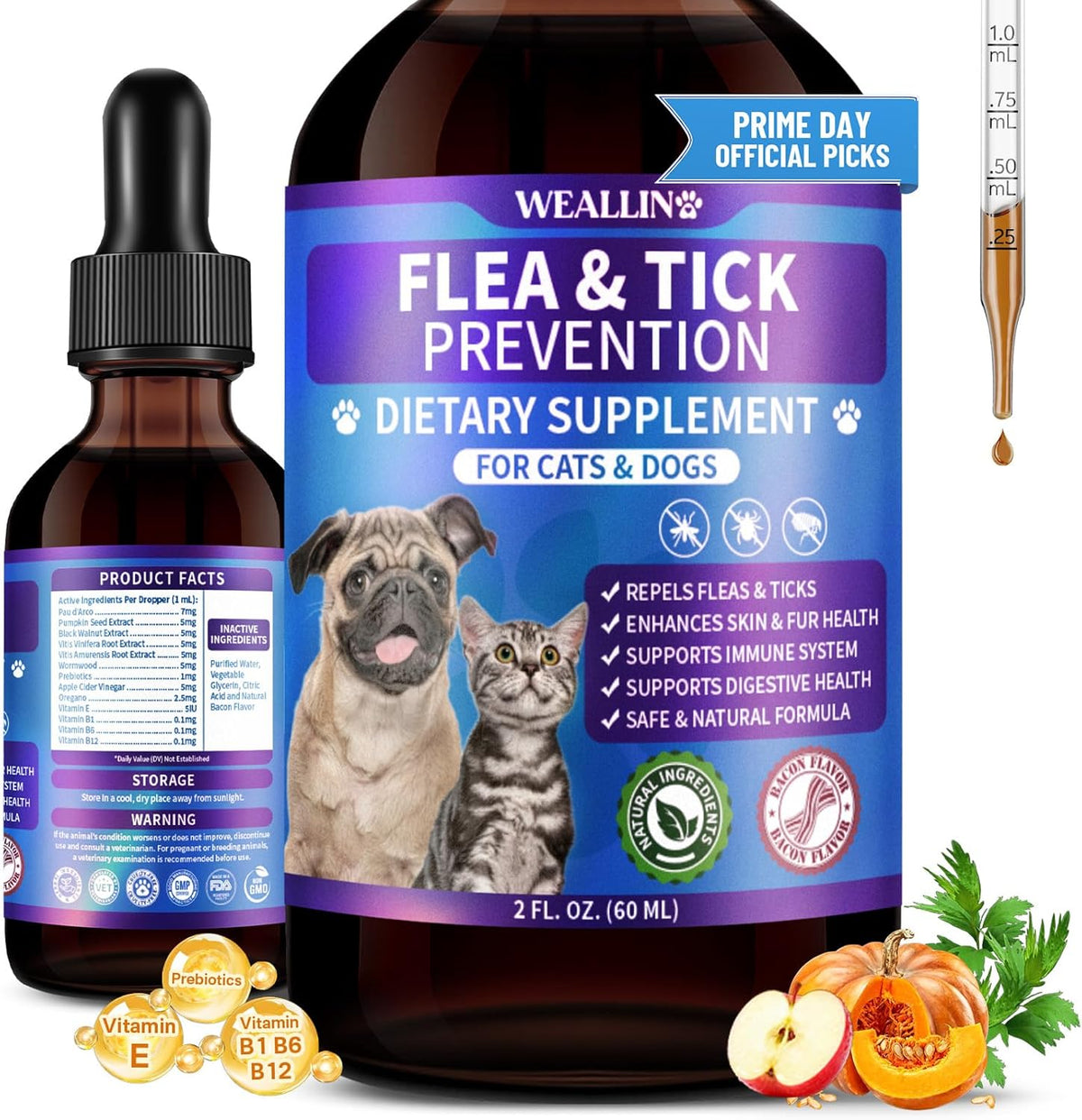 WEALLIN flea and tick prevention drops front view of the bottle showing bacon flavor label.