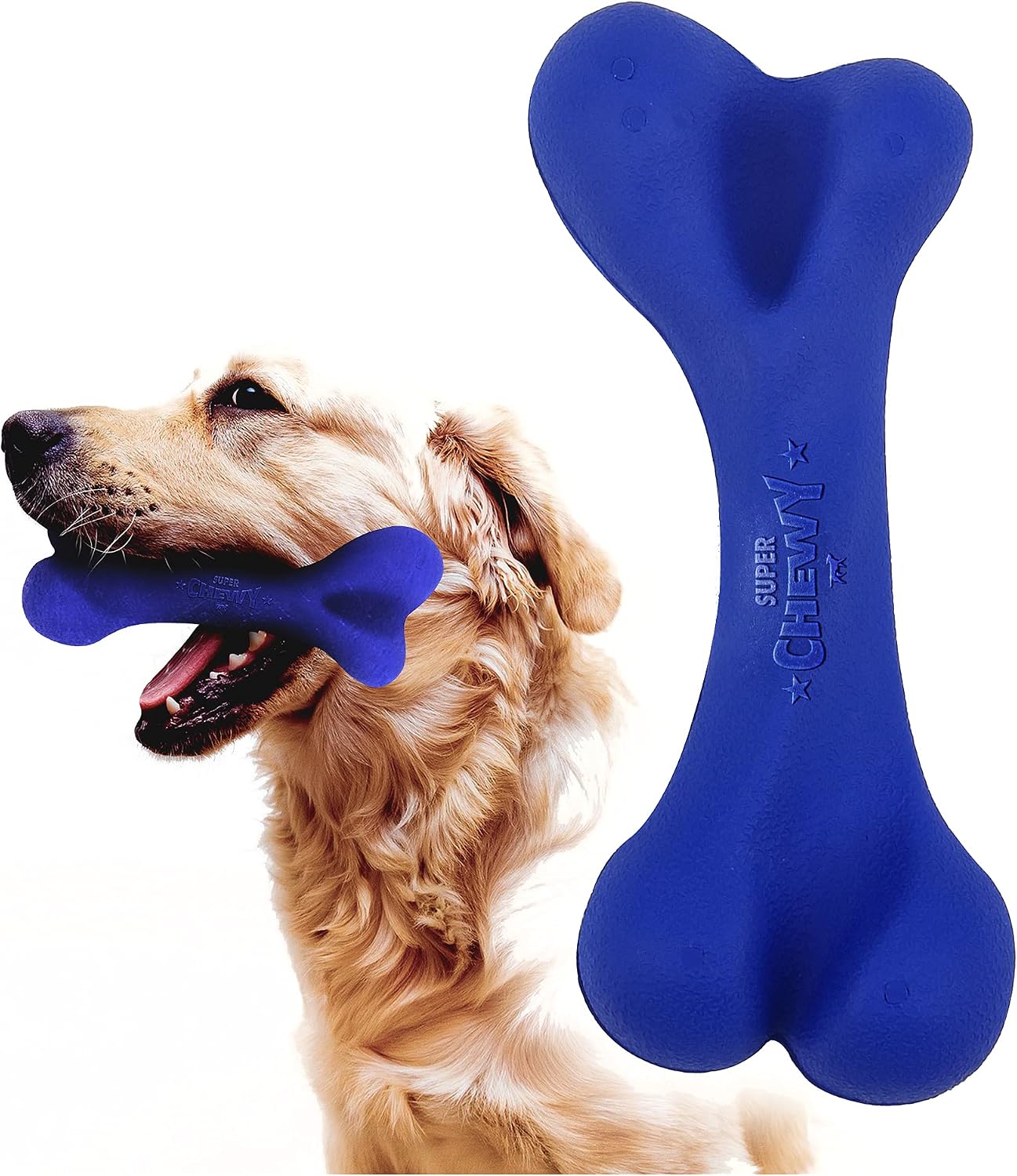 Dog playing with blue tough tug-of-war disc on grass