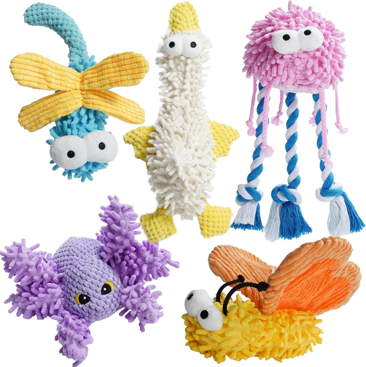 Nocciola Squeaky Dog Toy Plushies five pack front view showing vibrant animal designs.
