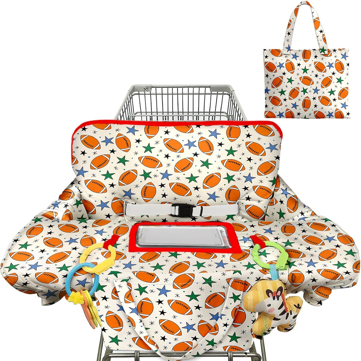 Polovillae baby shopping cart cover front view showing the football pattern design.