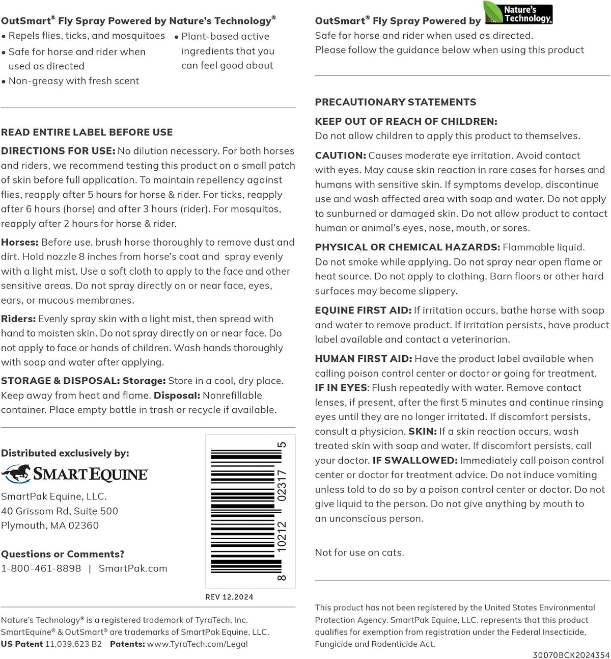 SmartEquine plant based horse fly repellent gallon jug showcasing ingredients label