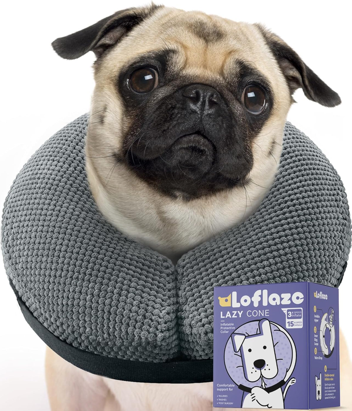 Loflaze inflatable dog collar package contents with plush outer ring