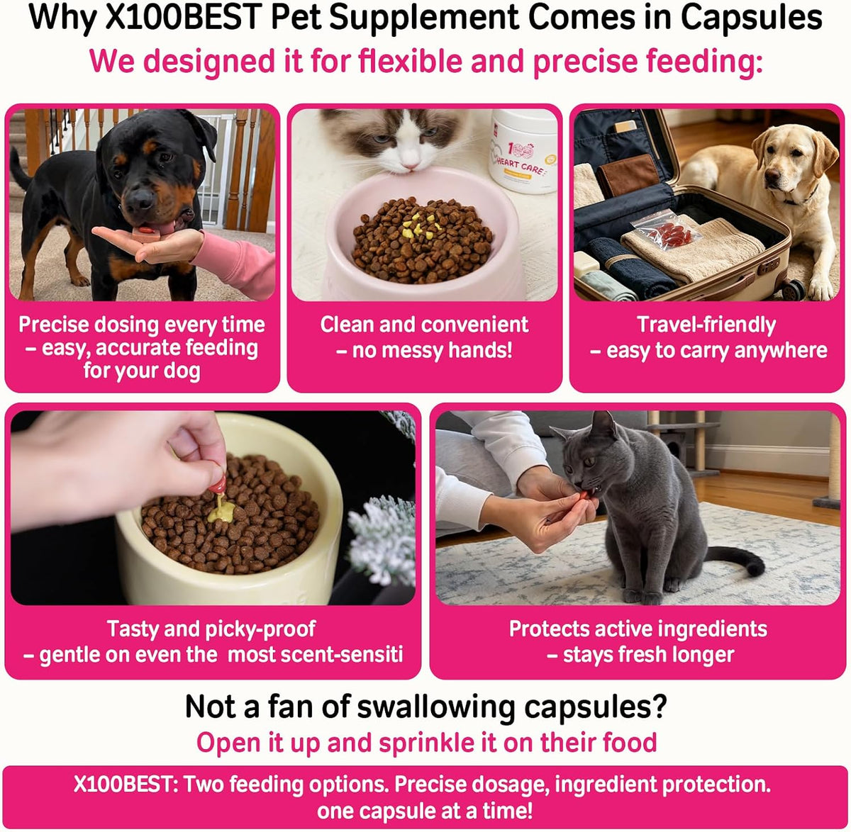X100BEST pet cardiac support supplement bottle back label displaying active ingredients and taurine content