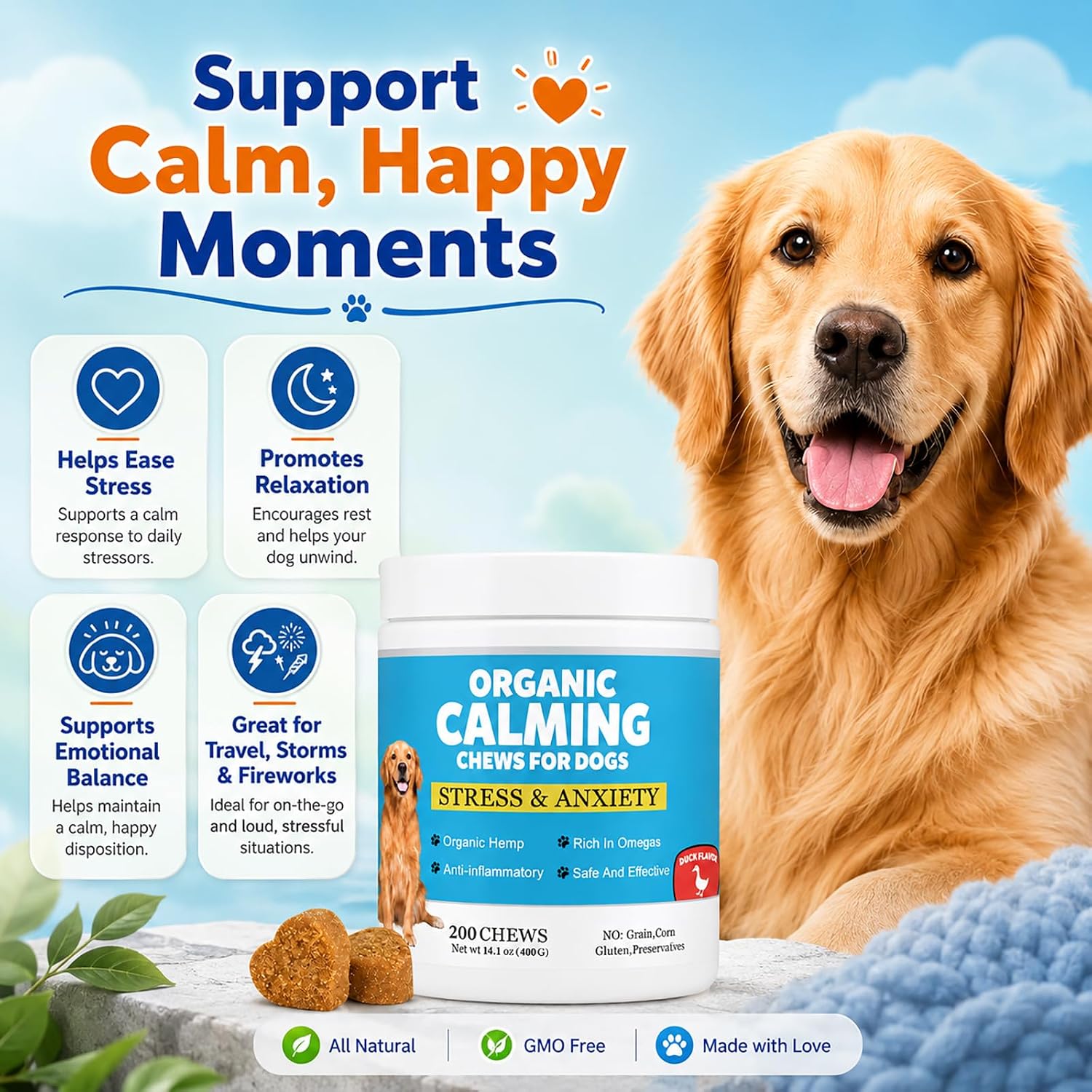 Ttlxrl dog anxiety relief soft chews side label with ingredient list including melatonin