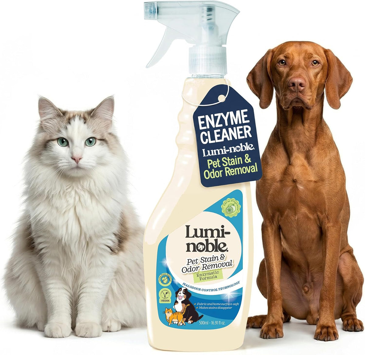 Lumi-Noble Pet Stain and Odor Remover Spray front view bottle for enzymatic carpet cleaning.