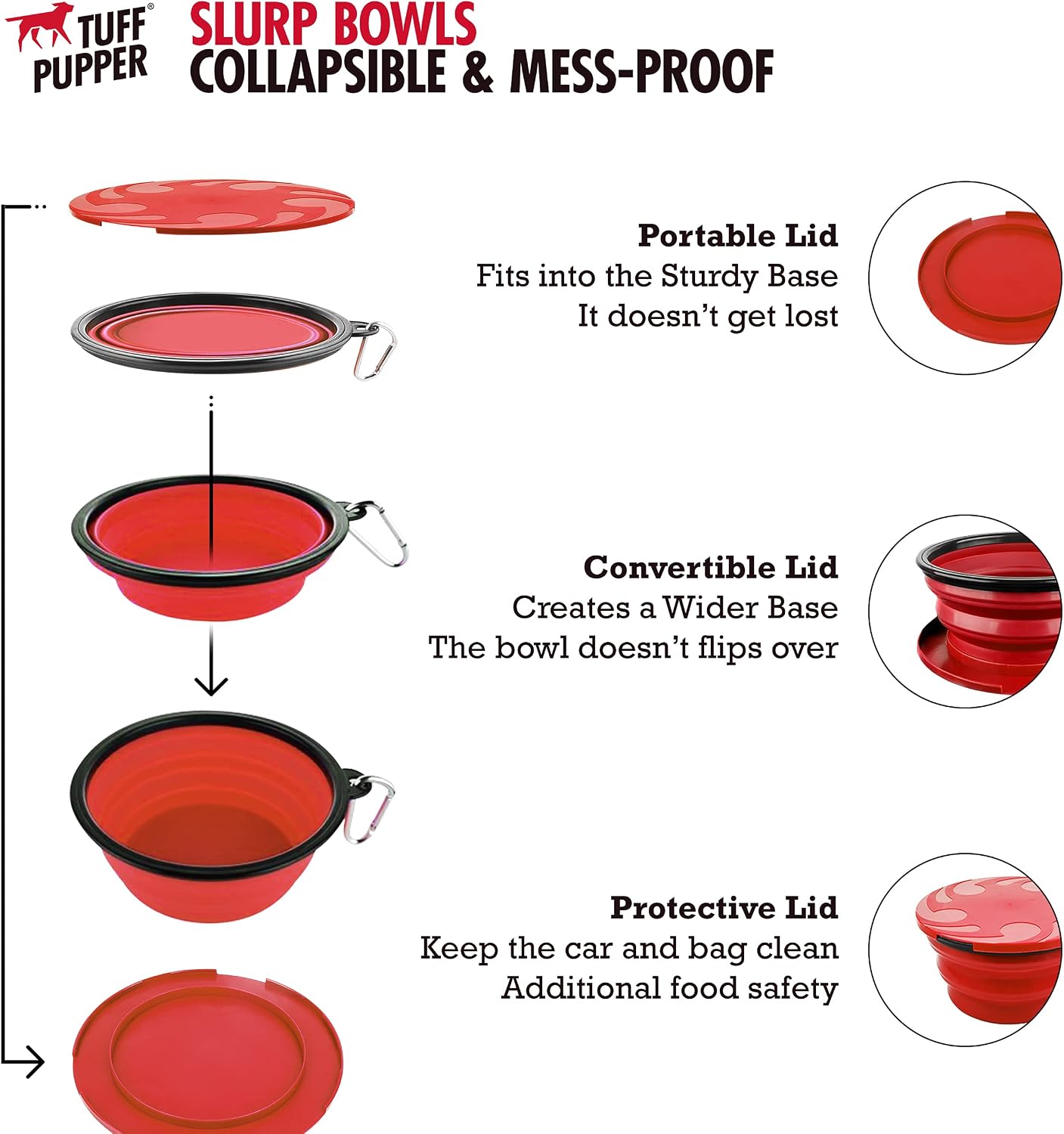 Tuff Pupper portable pet bowl collapsed completely flat showcasing its slim profile for compact storage.
