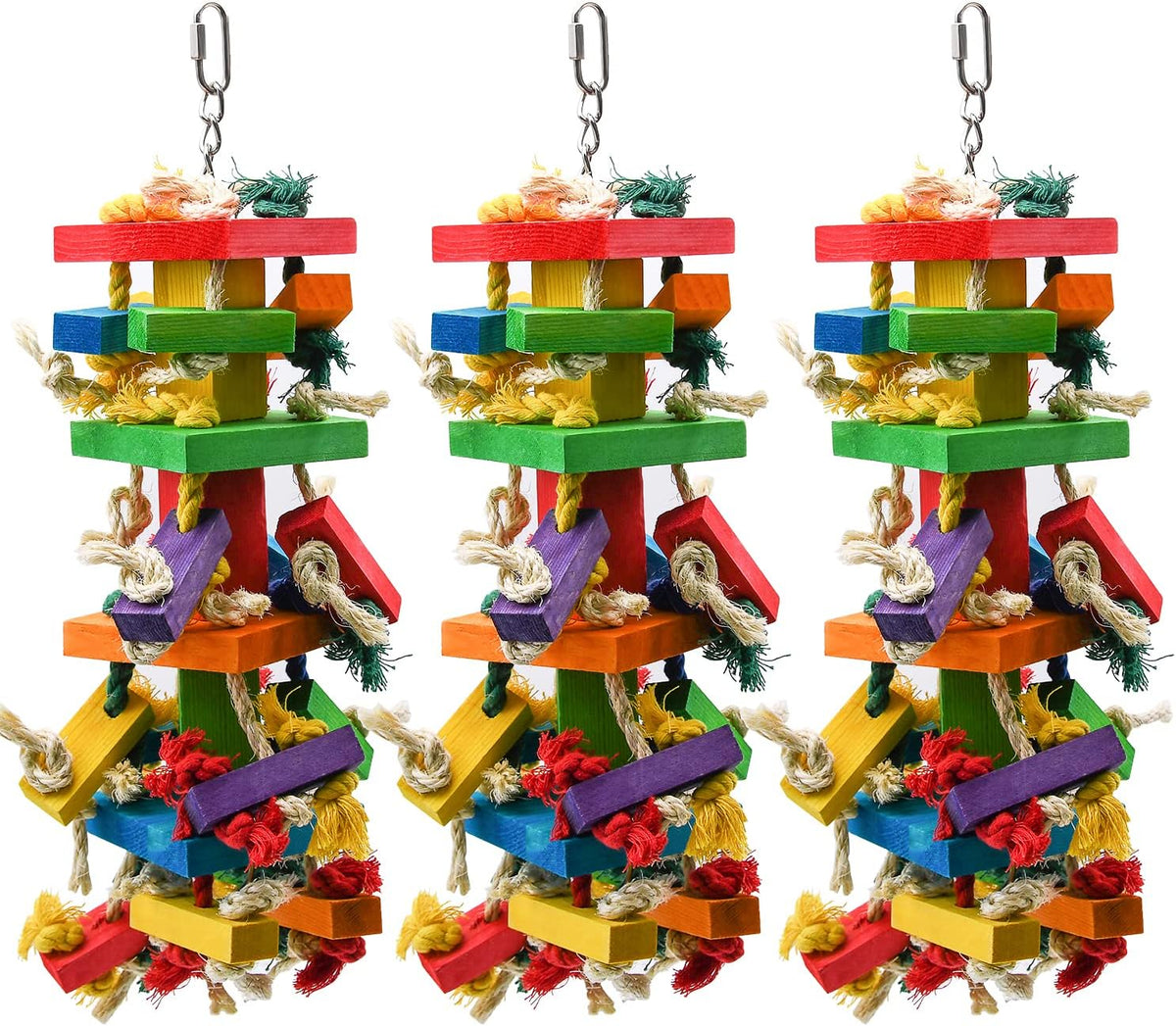 Full length view of RUBY.Q multicolored natural wooden bird toy.