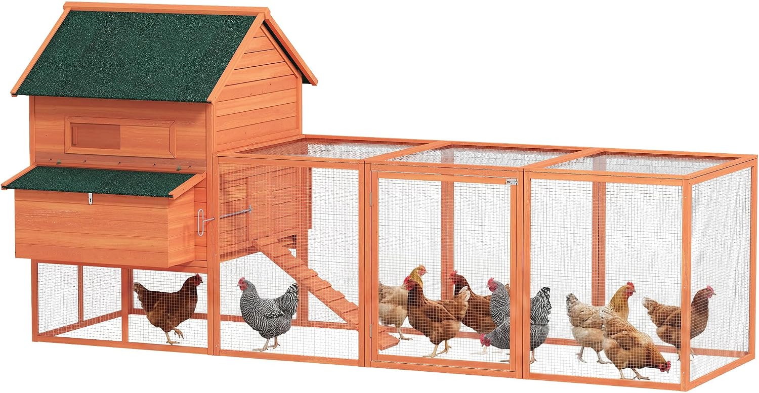 PawHut 137" Chicken Coop for 4-6 Chickens, Large Chicken House, Wooden Poultry Hen Cage with Nesting Box and Run for Backyard, Orange - Image 1