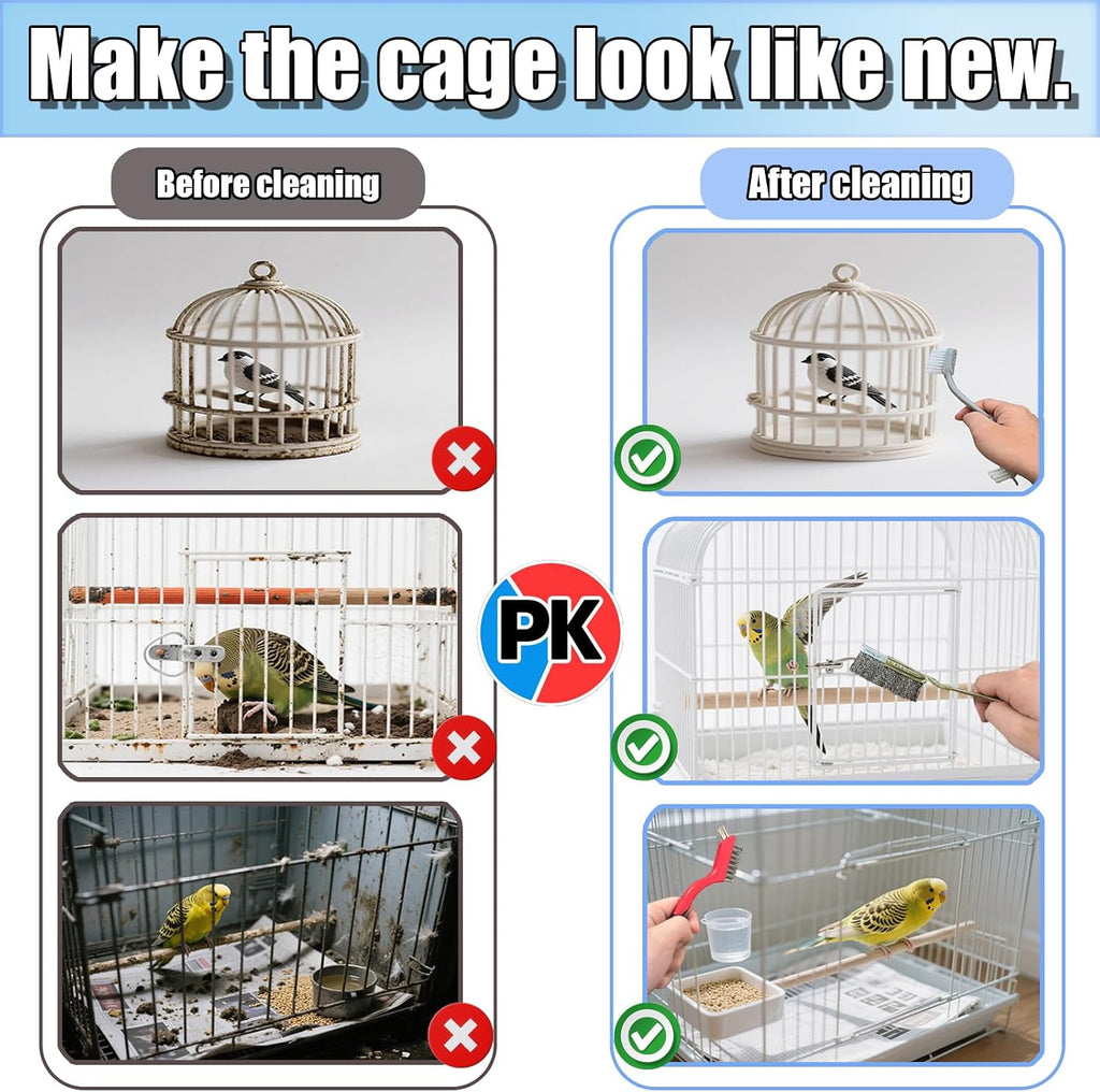 TOAINRSI angled and curved elbow brushes cleaning tight joints and complex corners of a parrot cage.