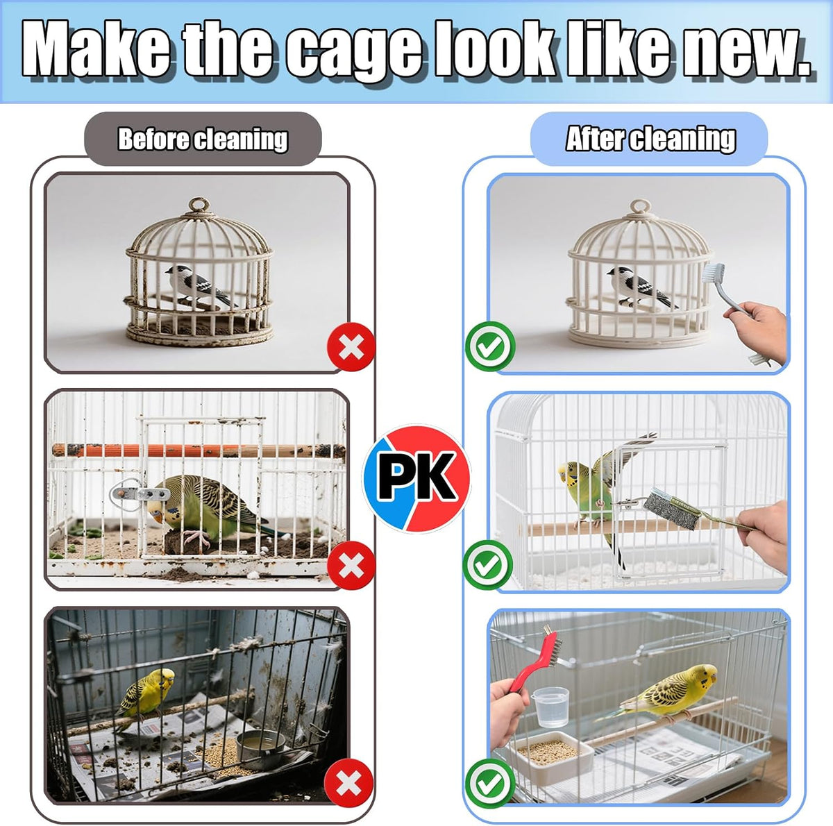 TOAINRSI angled and curved elbow brushes cleaning tight joints and complex corners of a parrot cage.