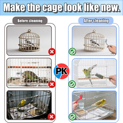 TOAINRSI angled and curved elbow brushes cleaning tight joints and complex corners of a parrot cage.