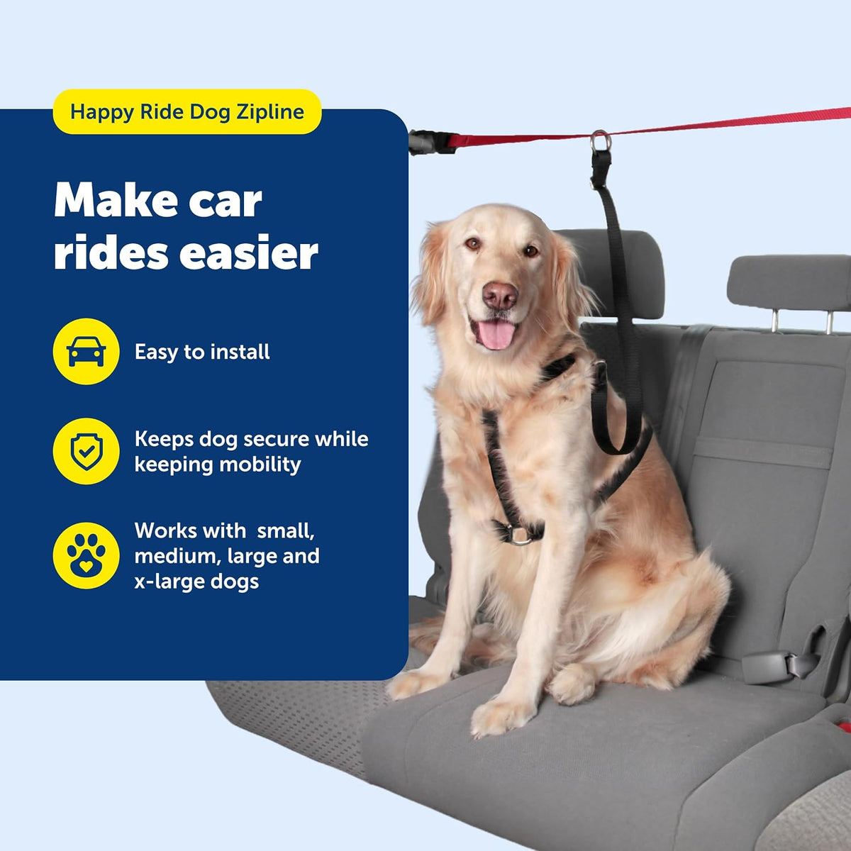 Dog wearing safety harness attached to PetSafe zipline