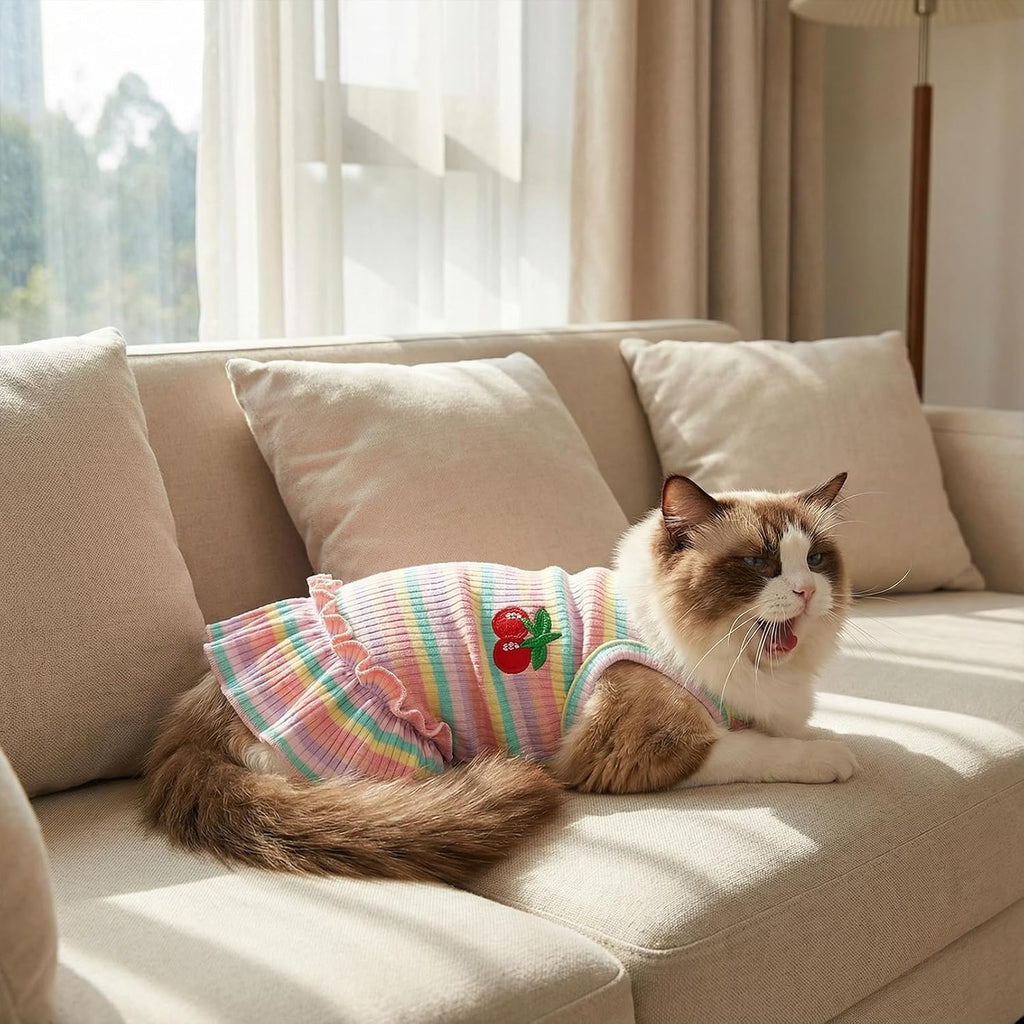 Imported small breed pet apparel detailing pink stripes and soft textures