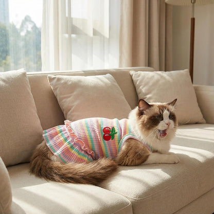 Imported small breed pet apparel detailing pink stripes and soft textures