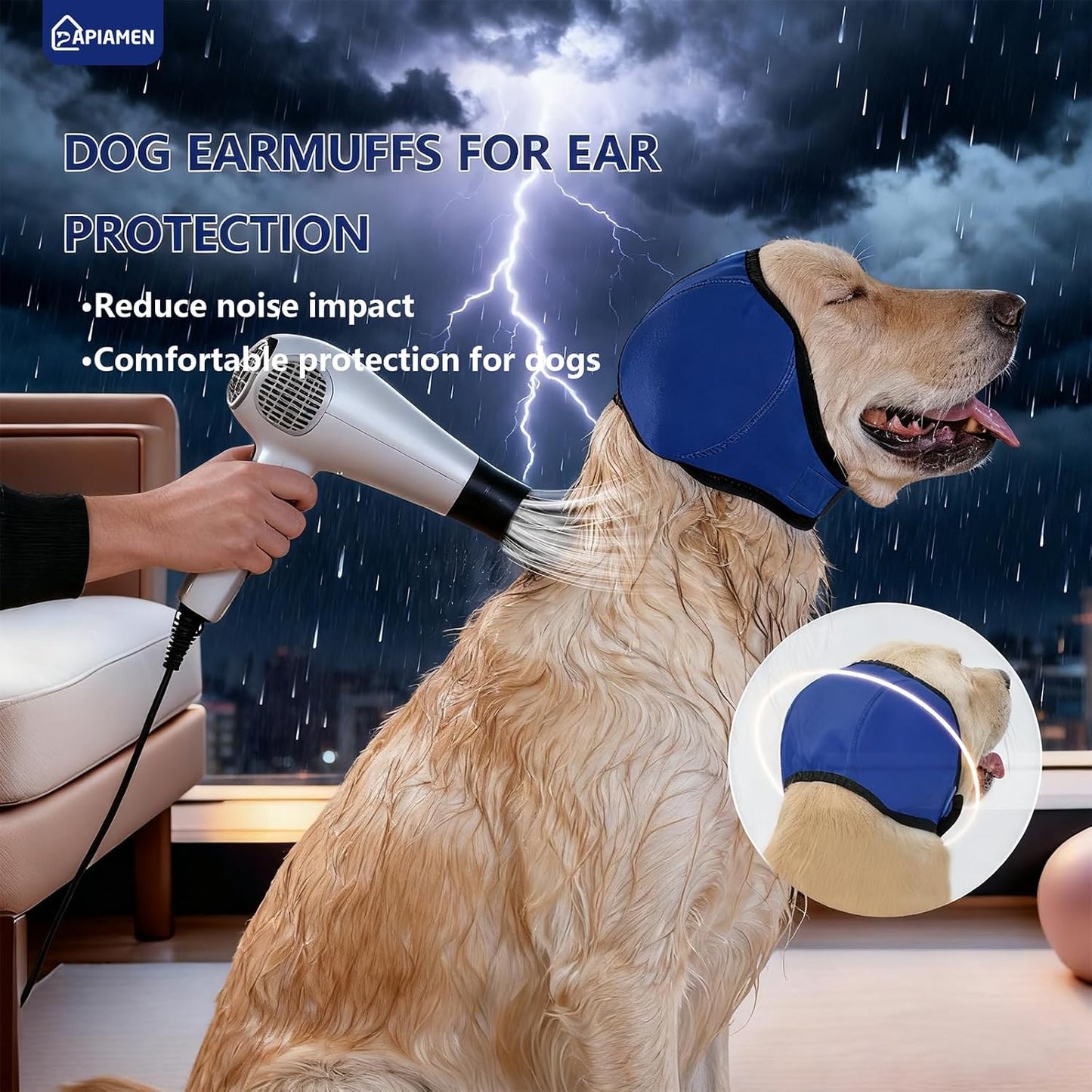 Splash proof pet ear protector hood being used during a dog bath.