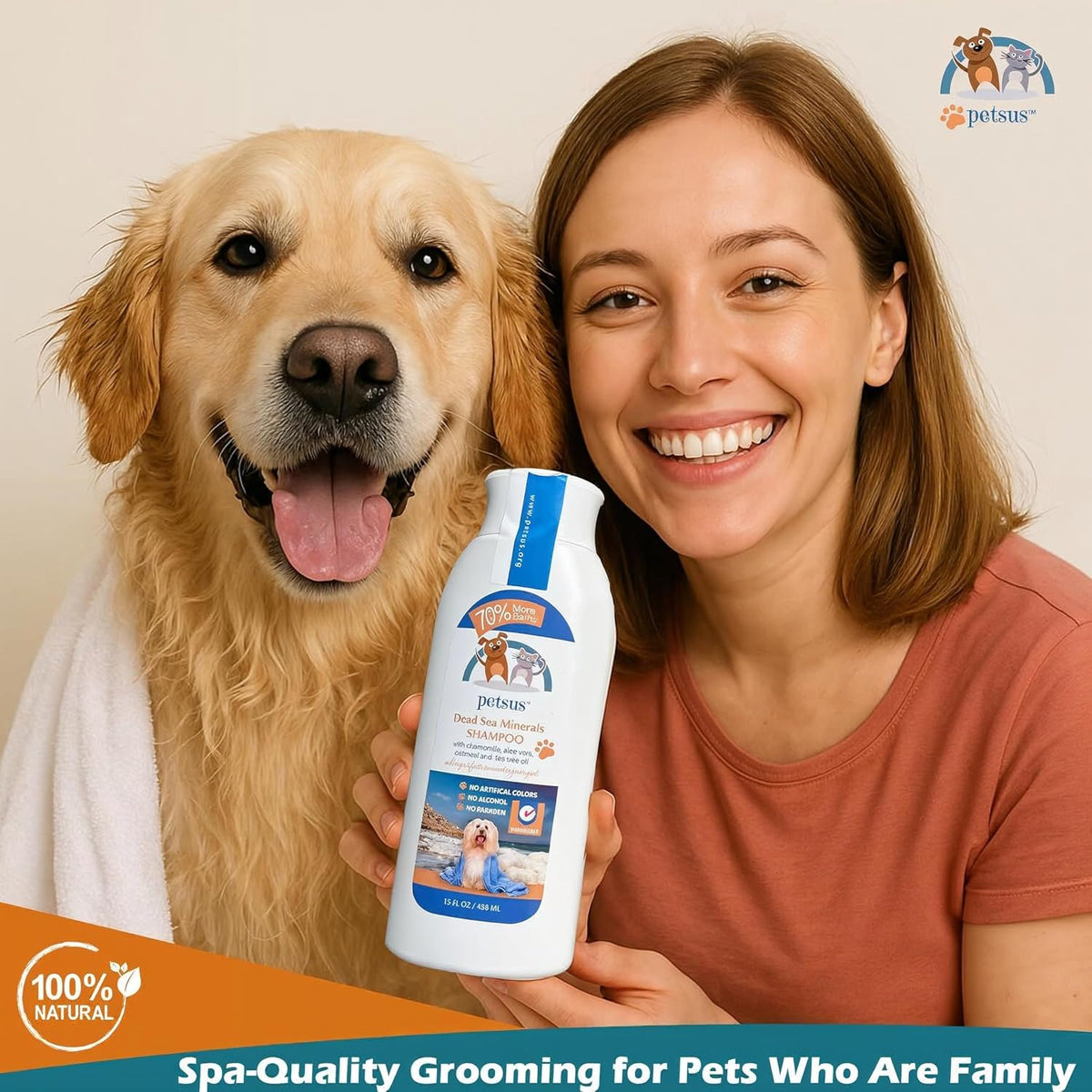 Petsus paraben free tearless puppy and kitten shampoo bottle close up.