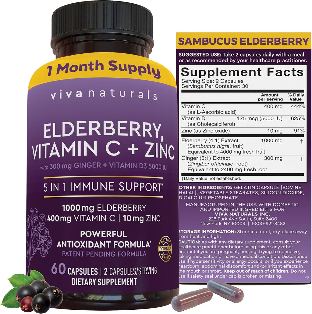 Viva Naturals Elderberry with Vitamin C and Zinc for Adults - 5 in 1 Sambucus Black Elderberry Capsules with Vitamin D3 5000 IU Immunity Supplement, Sambucus Elderberry Immune Support Supplement - Image 10