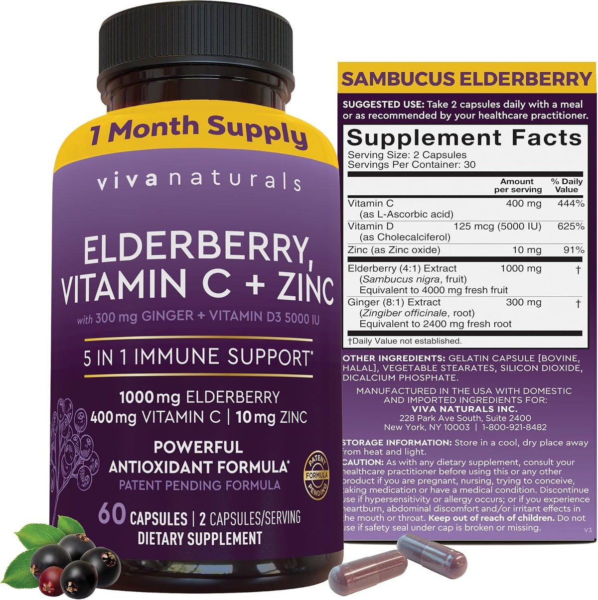 Viva Naturals Elderberry with Vitamin C and Zinc for Adults - 5 in 1 Sambucus Black Elderberry Capsules with Vitamin D3 5000 IU Immunity Supplement, Sambucus Elderberry Immune Support Supplement - Image 10