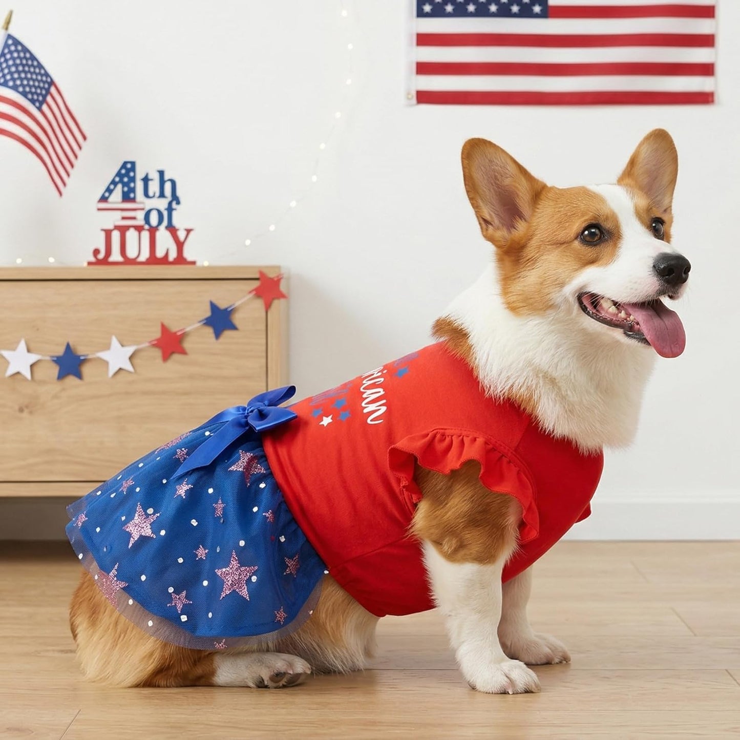 Back view of BAOBICUTE 4th of July pet outfit showcasing full tulle skirt design