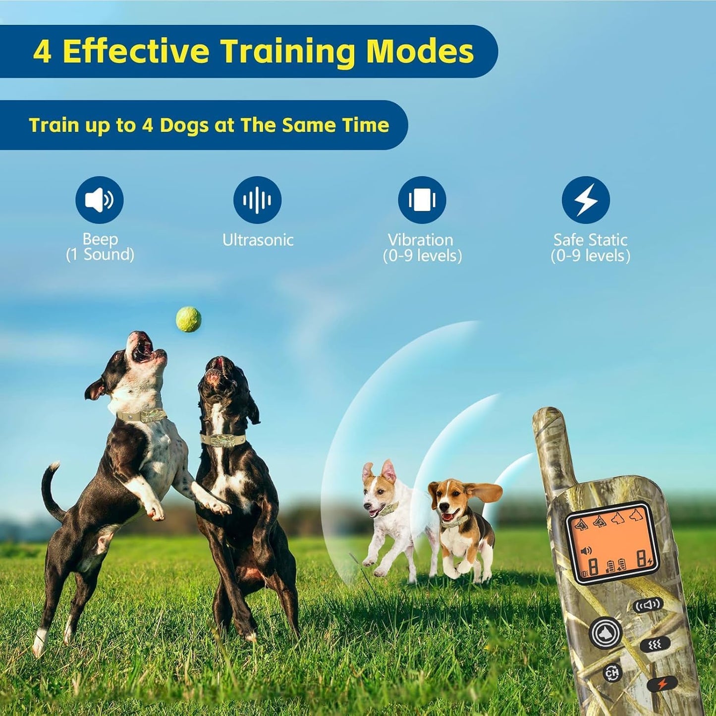 Multi dog electric fence transmitter and dual collar setup demonstrating remote training capabilities for pets.