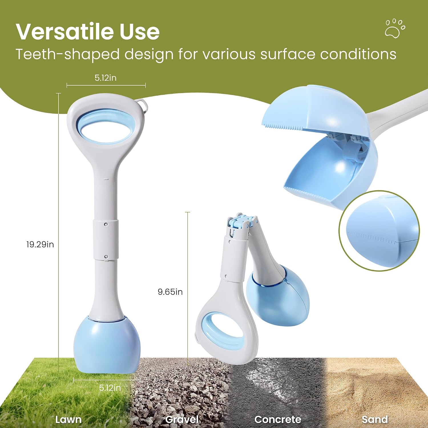 Blue jaw clamp pooper scooper with built in waste bag dispenser attachment
