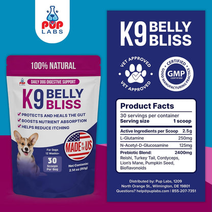 Pup Labs K9 Belly Bliss natural immunity and gut support dog powder lifestyle angle