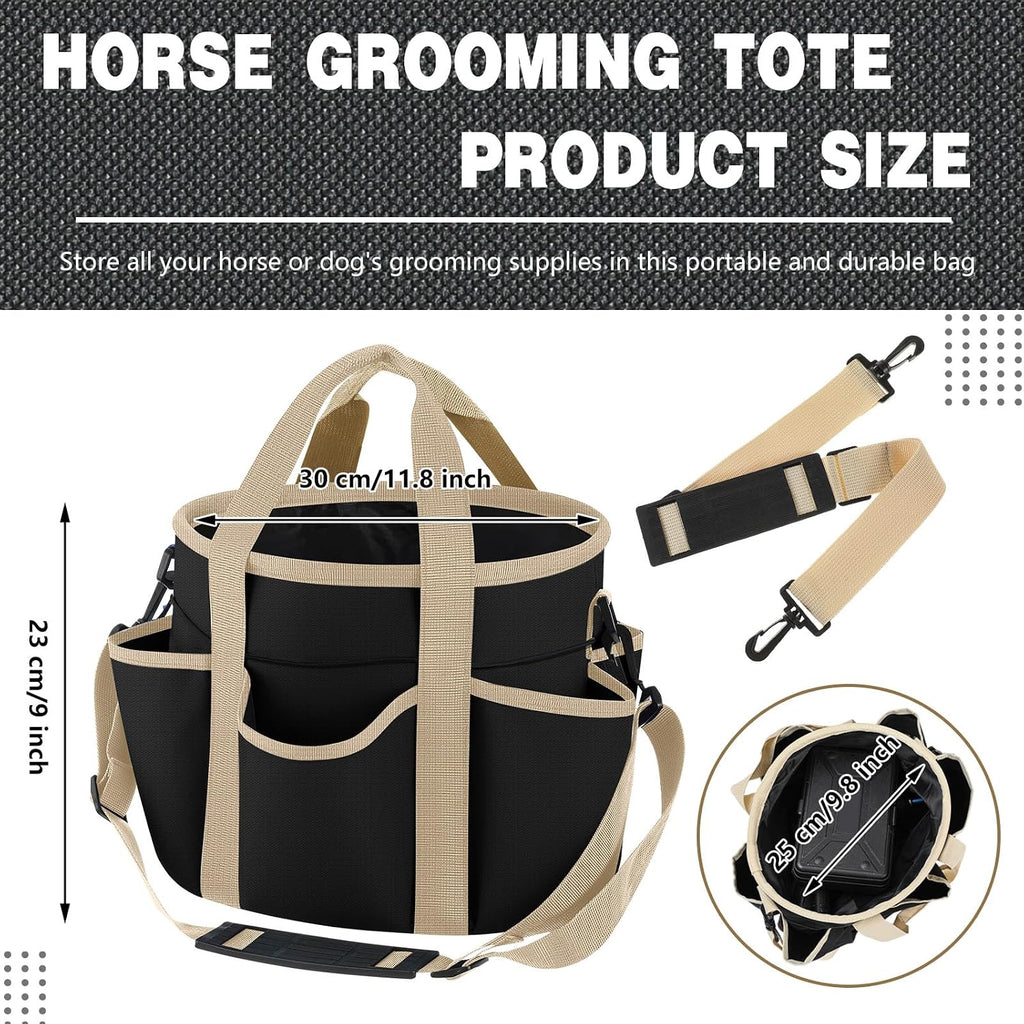 Equestrian tack storage bag filled with horse brushes and hoof picks in stable.