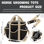 Equestrian tack storage bag filled with horse brushes and hoof picks in stable.