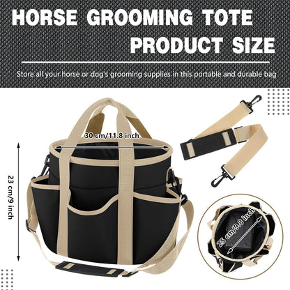 Equestrian tack storage bag filled with horse brushes and hoof picks in stable.