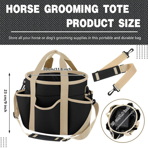 Equestrian tack storage bag filled with horse brushes and hoof picks in stable.