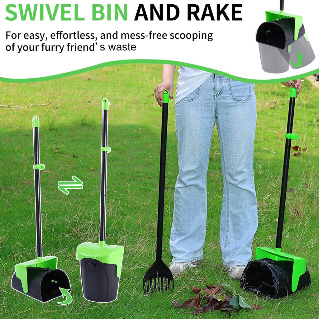 Ienjoyed yard cleaning rake and swivel bin set showing the integrated bag attachment clip