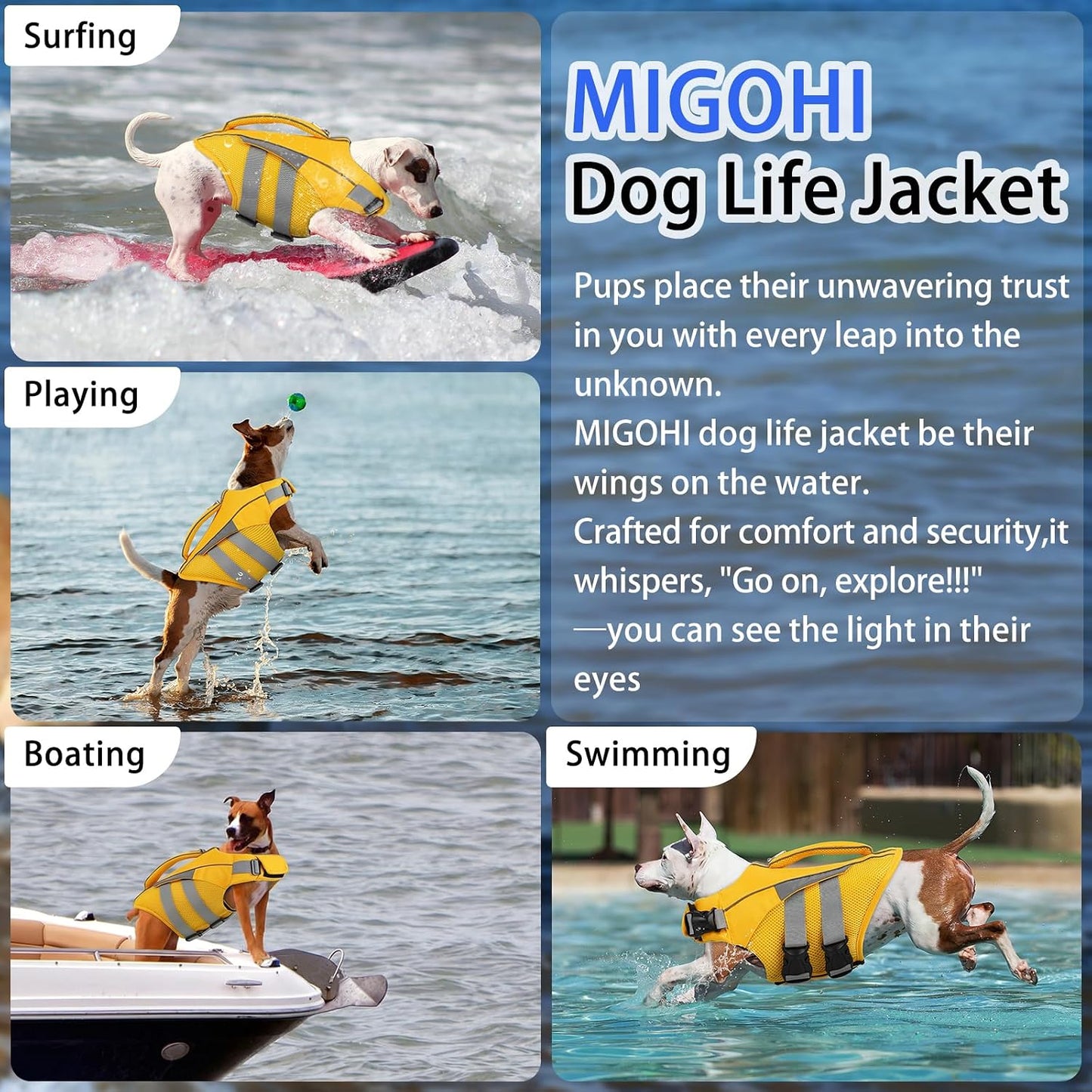 MIGOHI safety lifesaver vest for dogs swimming in a pool