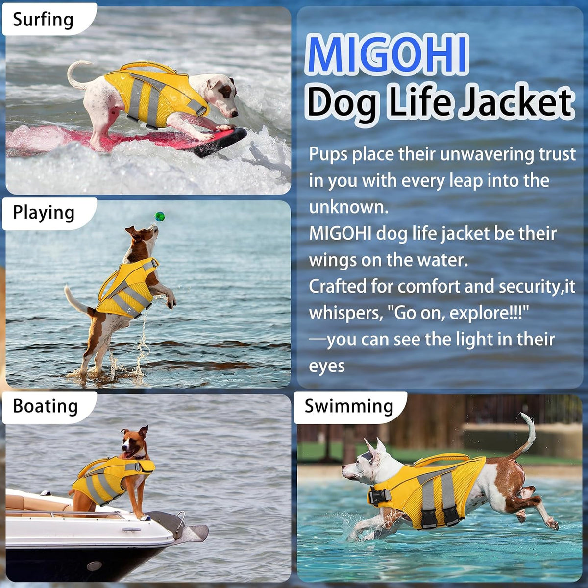 MIGOHI safety lifesaver vest for dogs swimming in a pool