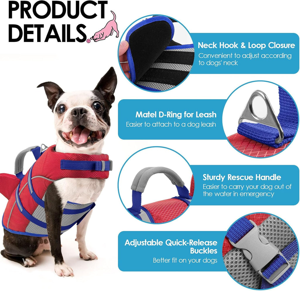 Red shark dog life preserver with heavy duty grab handle