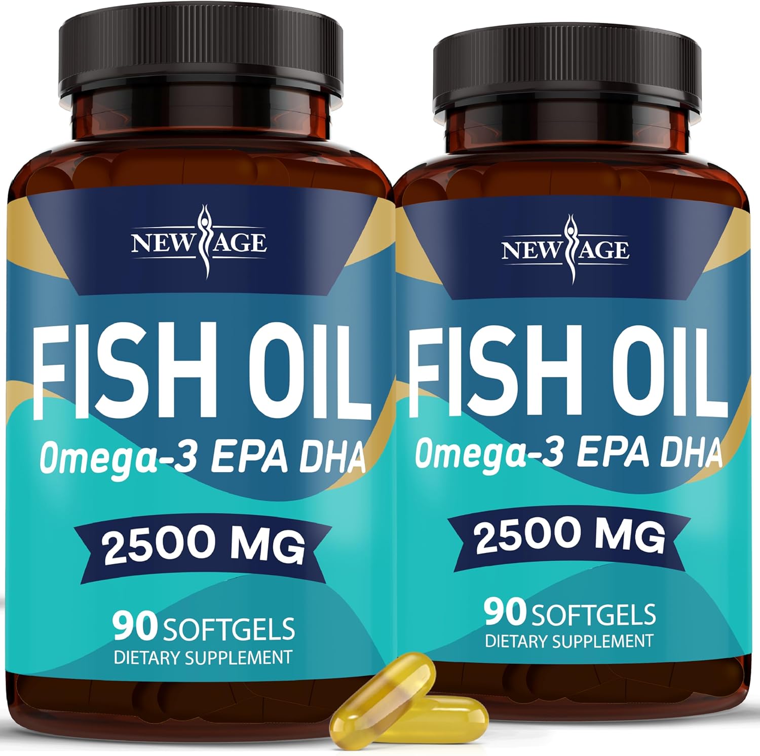 New Age Omega 3 Fish Oil 2500 mg twin pack front view showing premium dietary supplement bottles.