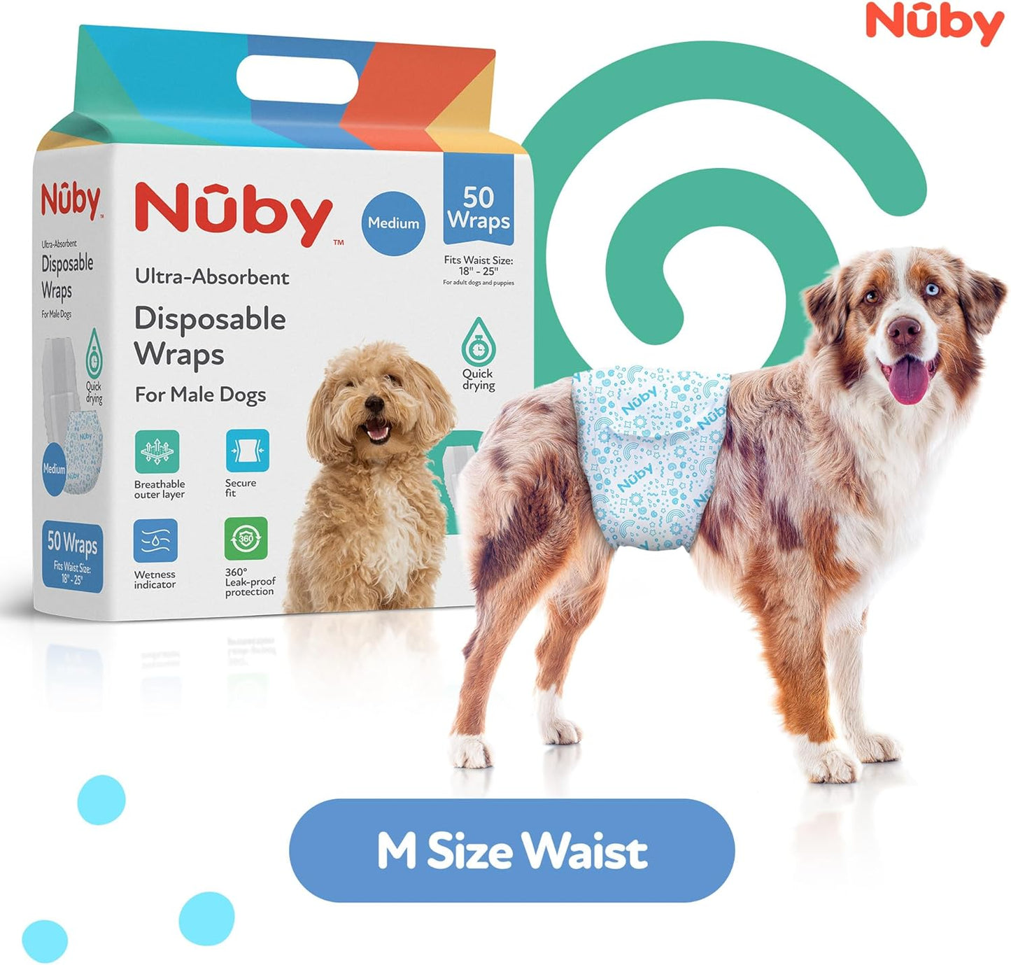 Medium size disposable dog belly bands for male dogs with eighteen to twenty-five inch waist size.