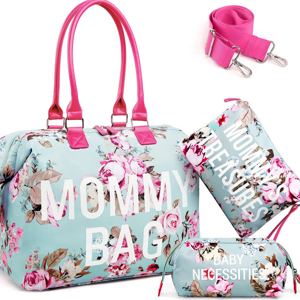 LitBear mommy hospital bag front view in blue floral design
