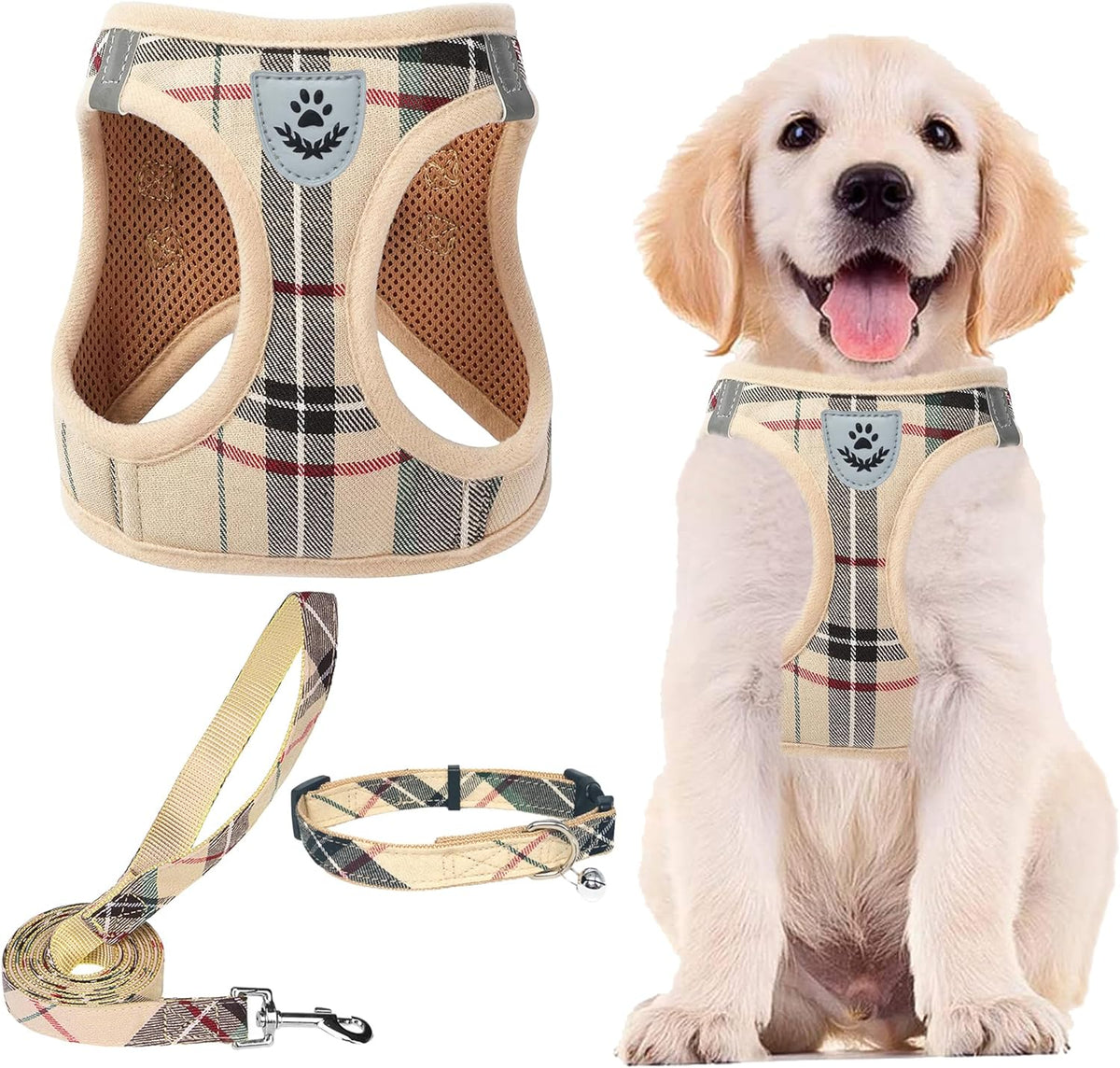 Pupteck adjustable beige plaid dog harness set front view