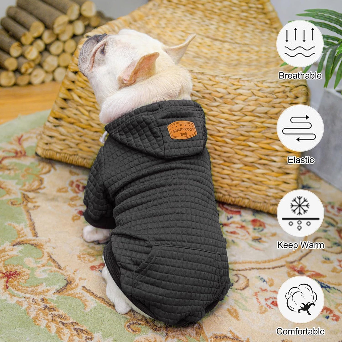 BEAUTYZOO black medium dog sweater laid flat to show stretchable and skin-friendly cotton fabric.