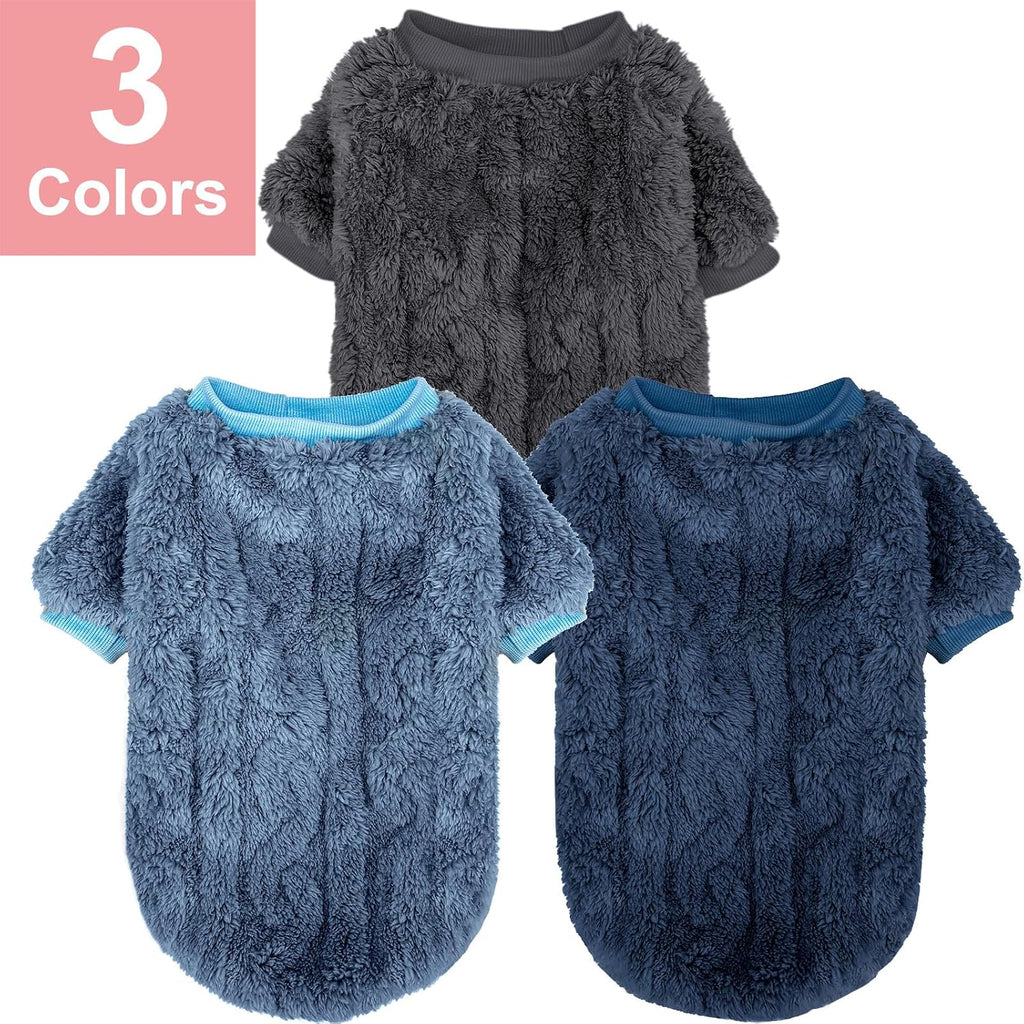 Three pack small dog sweaters in blue dark blue and grey colors