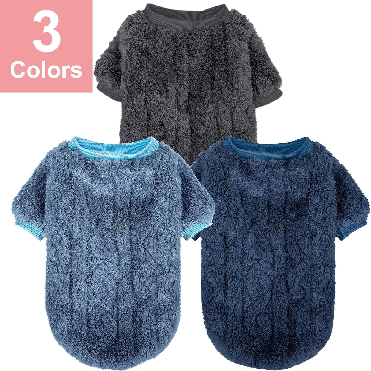 Three pack small dog sweaters in blue dark blue and grey colors