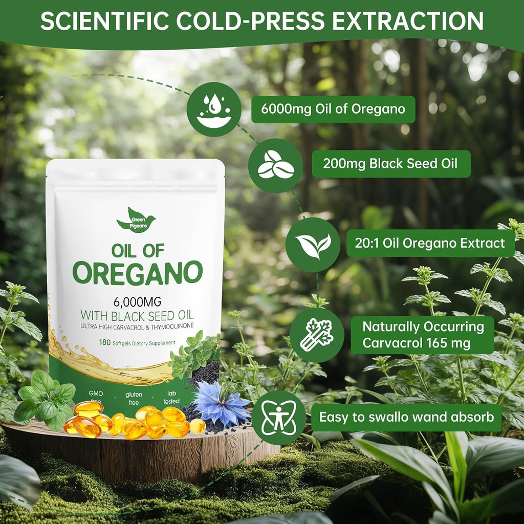 Oil of Oregano with Black Seed Oil, 180 Count Oregano Oil Capsules with 4X Strength of Carvacrol and Thymoquinone, Non-GMO, Natural Herbal Health Supplement - Image 3