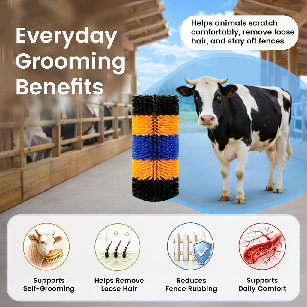 Joynny animal grooming post pad installed on a wooden barn pillar for cow massage
