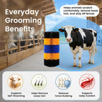 Joynny animal grooming post pad installed on a wooden barn pillar for cow massage