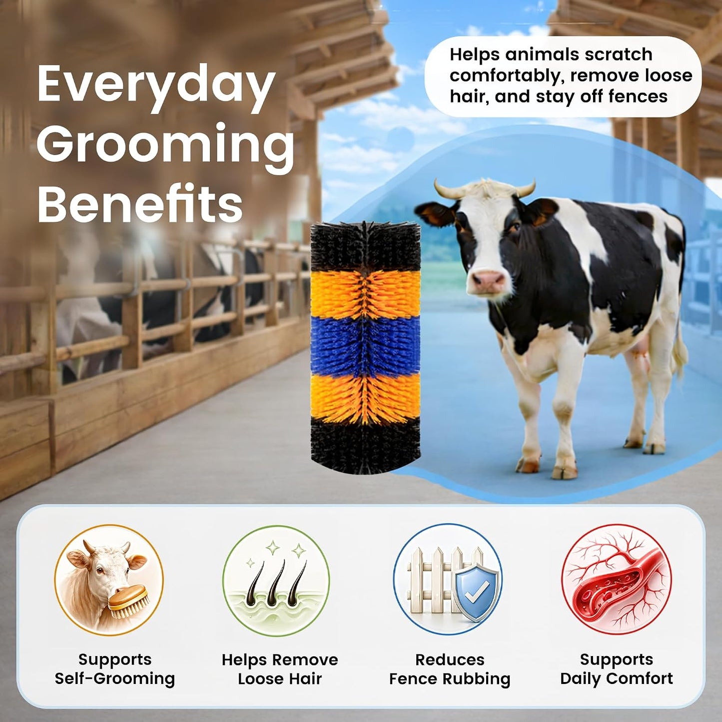 Joynny animal grooming post pad installed on a wooden barn pillar for cow massage