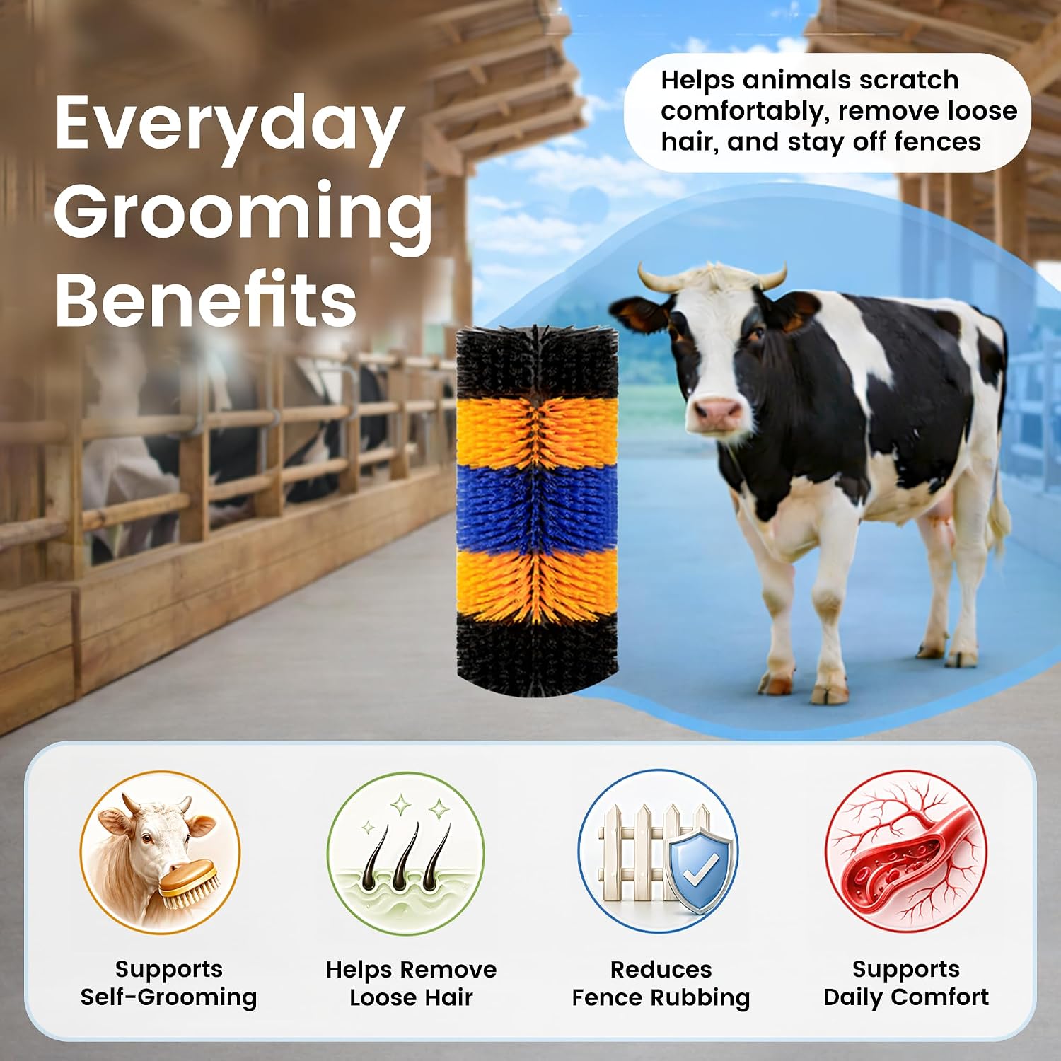 Joynny animal grooming post pad installed on a wooden barn pillar for cow massage
