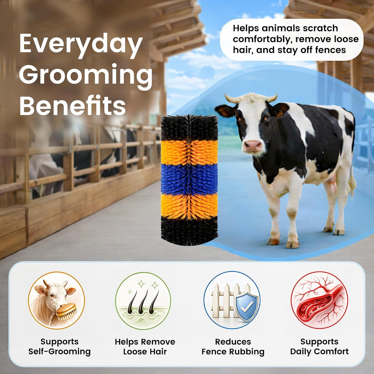 Joynny animal grooming post pad installed on a wooden barn pillar for cow massage